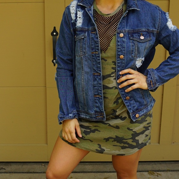 camo shirt and jean jacket